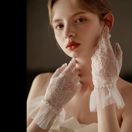 Hannah | Wrist Length Lace Gloves with Pearls - 14:29White - 1;200007763:201336100 - Bridal Accessories - Ivory & White
