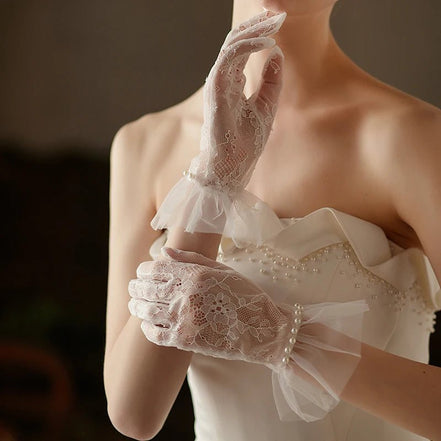 Hannah | Wrist Length Lace Gloves with Pearls - 14:29White - 1;200007763:201336100 - Bridal Accessories - Ivory & White