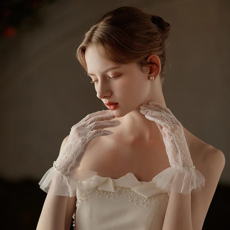 Hannah | Wrist Length Lace Gloves with Pearls - 14:29White - 1;200007763:201336100 - Bridal Accessories - Ivory & White