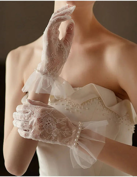 Hannah | Wrist Length Lace Gloves with Pearls - 14:29White - 1;200007763:201336100 - Bridal Accessories - Ivory & White