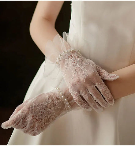 Hannah | Wrist Length Lace Gloves with Pearls - 14:29White - 1;200007763:201336100 - Bridal Accessories - Ivory & White