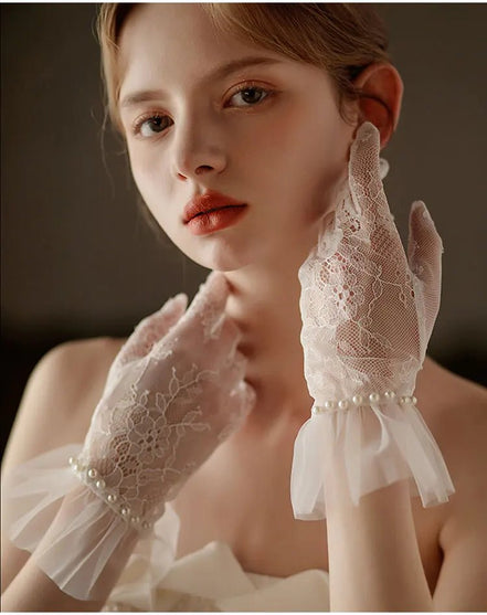 Hannah | Wrist Length Lace Gloves with Pearls - 14:29White - 1;200007763:201336100 - Bridal Accessories - Ivory & White