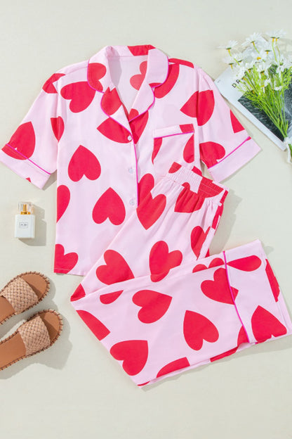 Sabine | Heart Collared Neck Short Sleeve Top and Pants Lounge Set