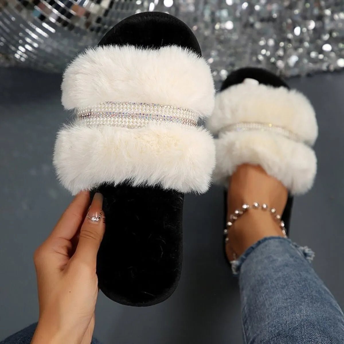Amélie | Rhinestone Open Toe Fuzzy Slippers - 100600622602154 - Bridal Party Robes - Ivory & White