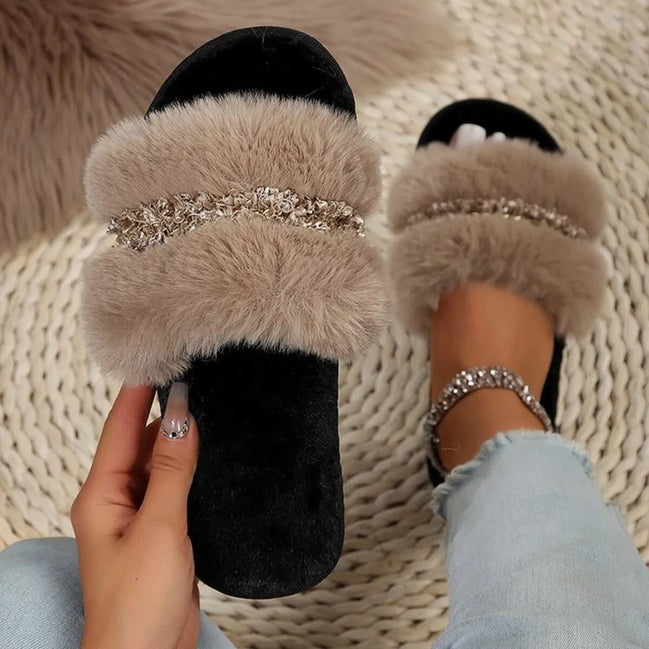 Amélie | Rhinestone Open Toe Fuzzy Slippers - 100600622602154 - Bridal Party Robes - Ivory & White
