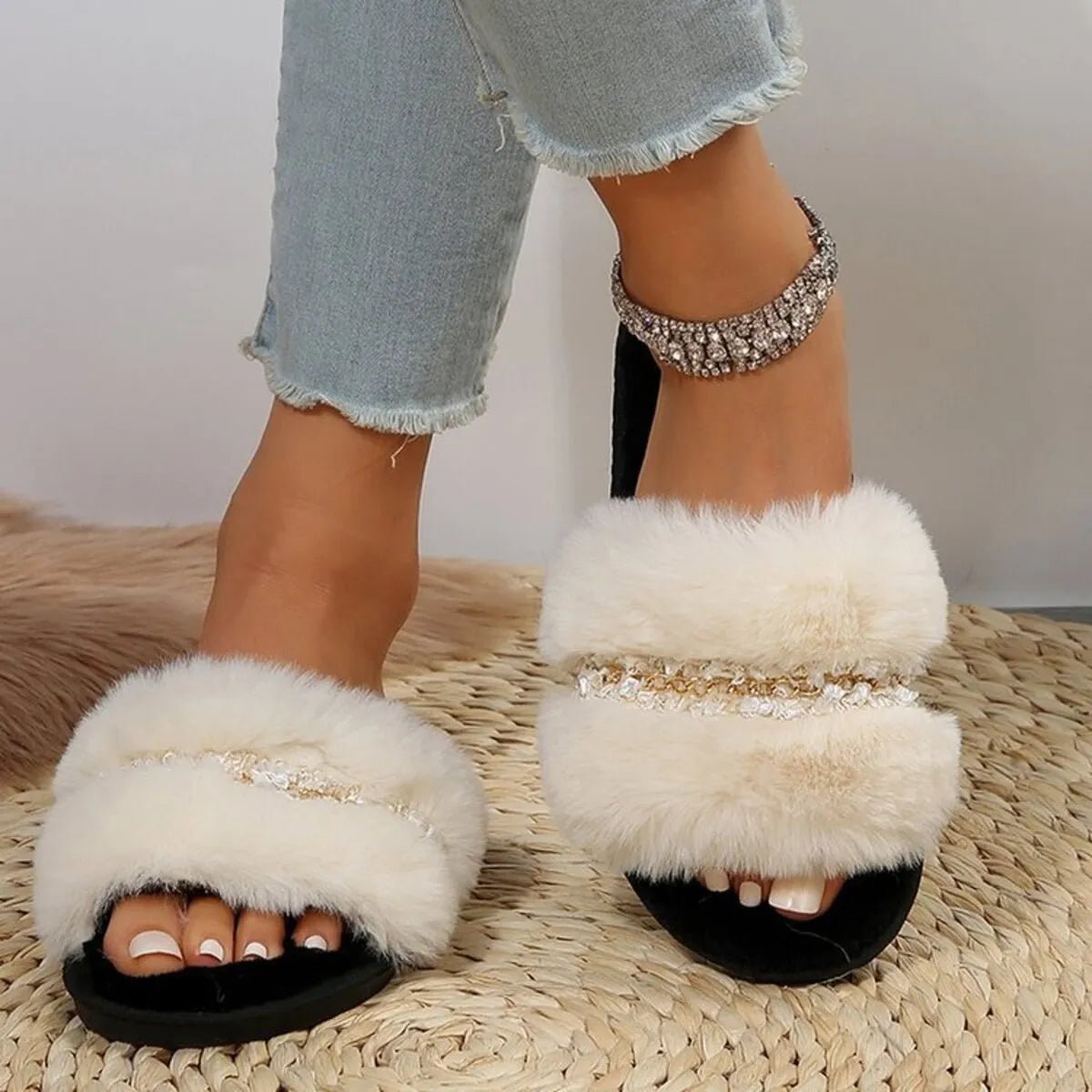 Amélie | Rhinestone Open Toe Fuzzy Slippers - 100600622608343 - Bridal Party Robes - Ivory & White