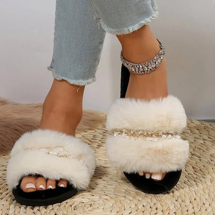 Amélie | Rhinestone Open Toe Fuzzy Slippers - 100600622608343 - Bridal Party Robes - Ivory & White