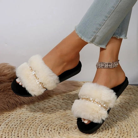 Amélie | Rhinestone Open Toe Fuzzy Slippers - 100600622608343 - Bridal Party Robes - Ivory & White