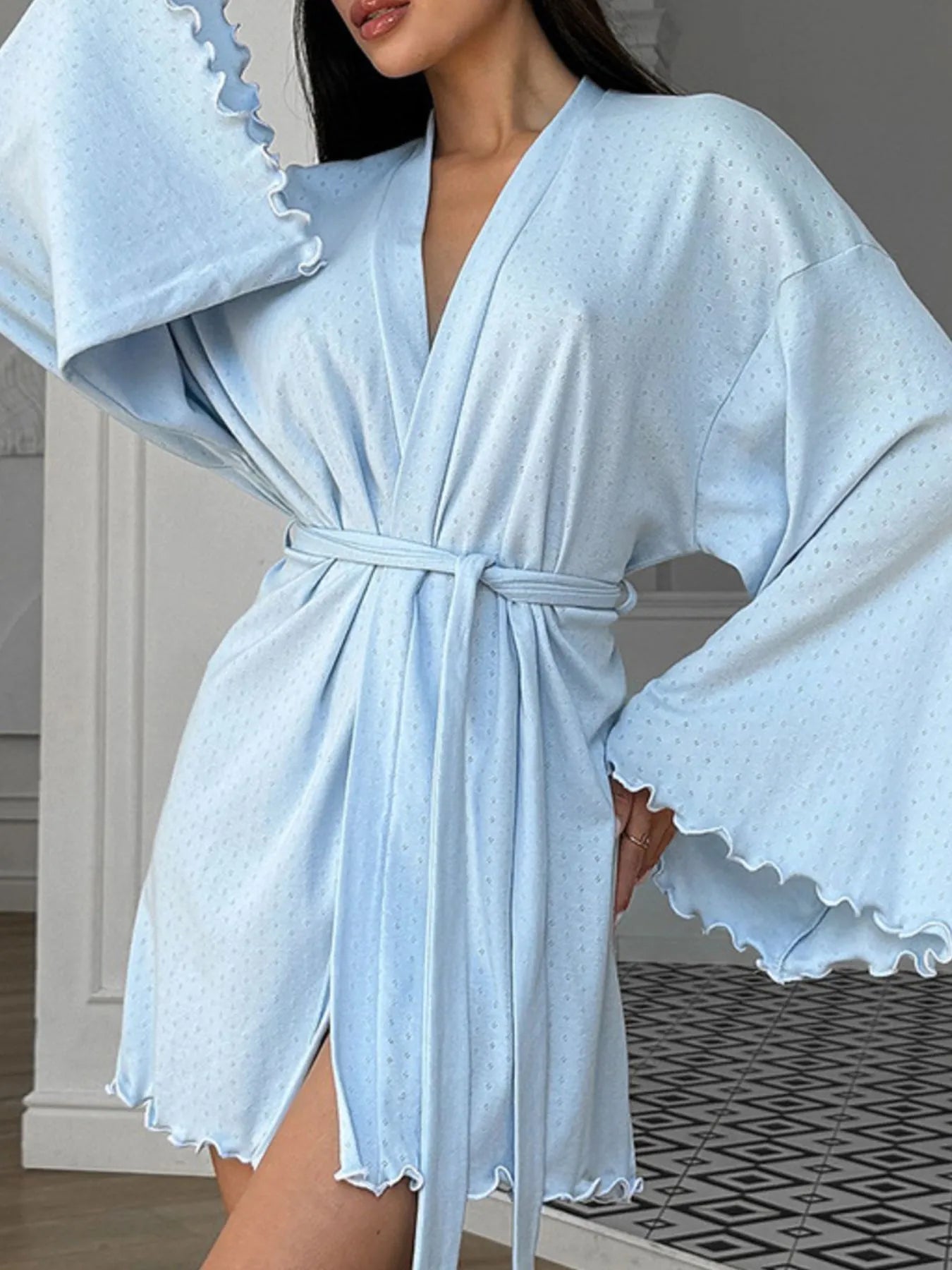 Annelise | Tie Waist Kimono Sleeve Lounge Nightgown - 100100226552616 - Bridal Party Robes - Ivory & White