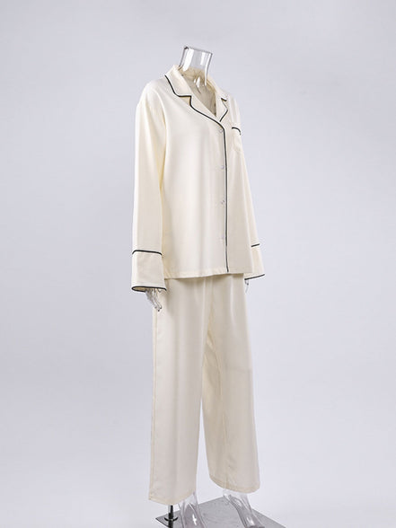 Brigitte | Contrast Trim Button Up Top and Pants Lounge Set - 100100597216607 - Bridal Party Robes - Ivory & White
