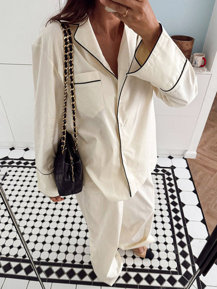 Brigitte | Contrast Trim Button Up Top and Pants Lounge Set - 100100597216607 - Bridal Party Robes - Ivory & White