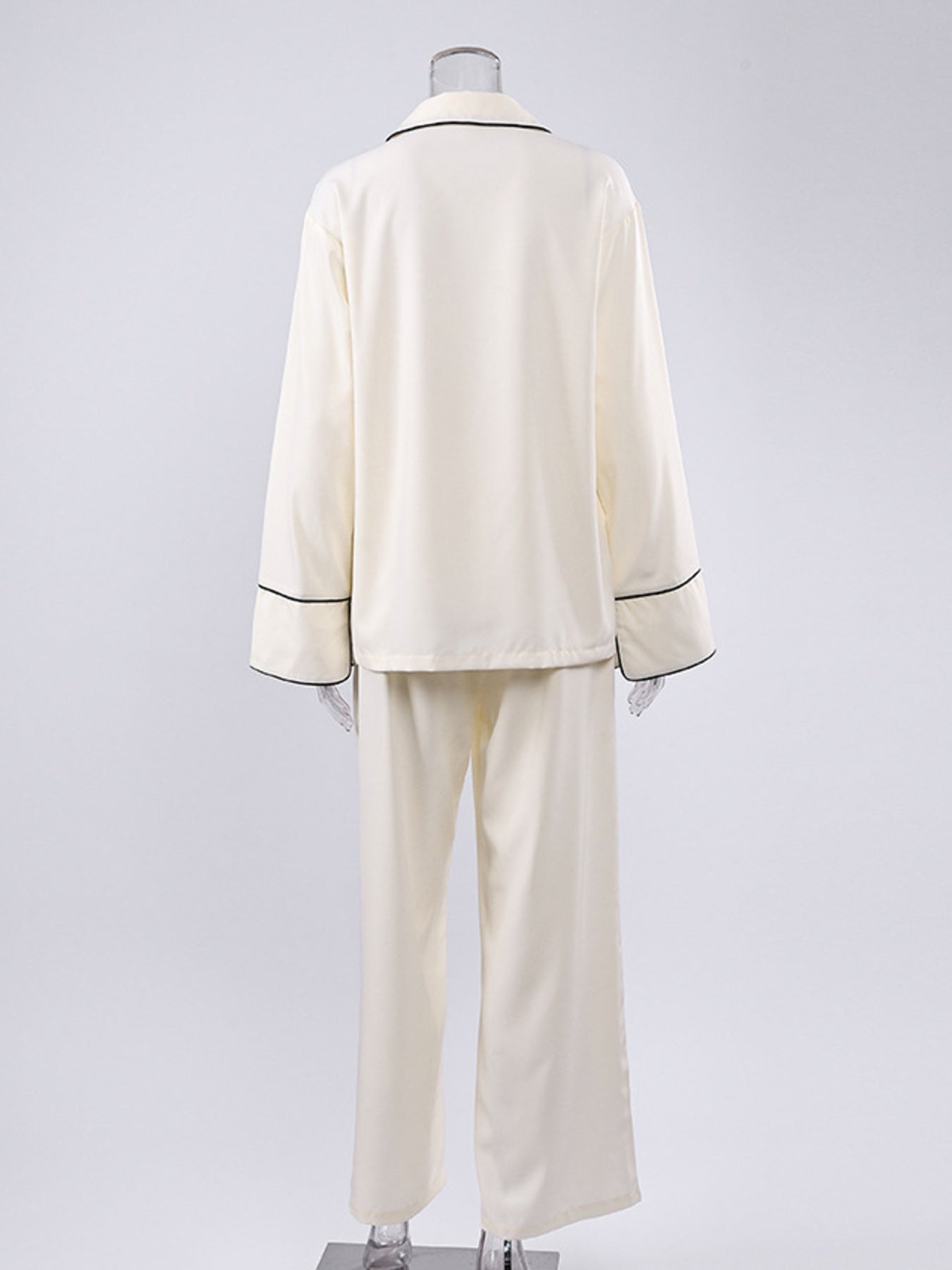 Brigitte | Contrast Trim Button Up Top and Pants Lounge Set - 100100597216607 - Bridal Party Robes - Ivory & White