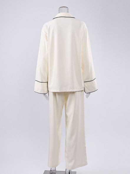 Brigitte | Contrast Trim Button Up Top and Pants Lounge Set - 100100597216607 - Bridal Party Robes - Ivory & White