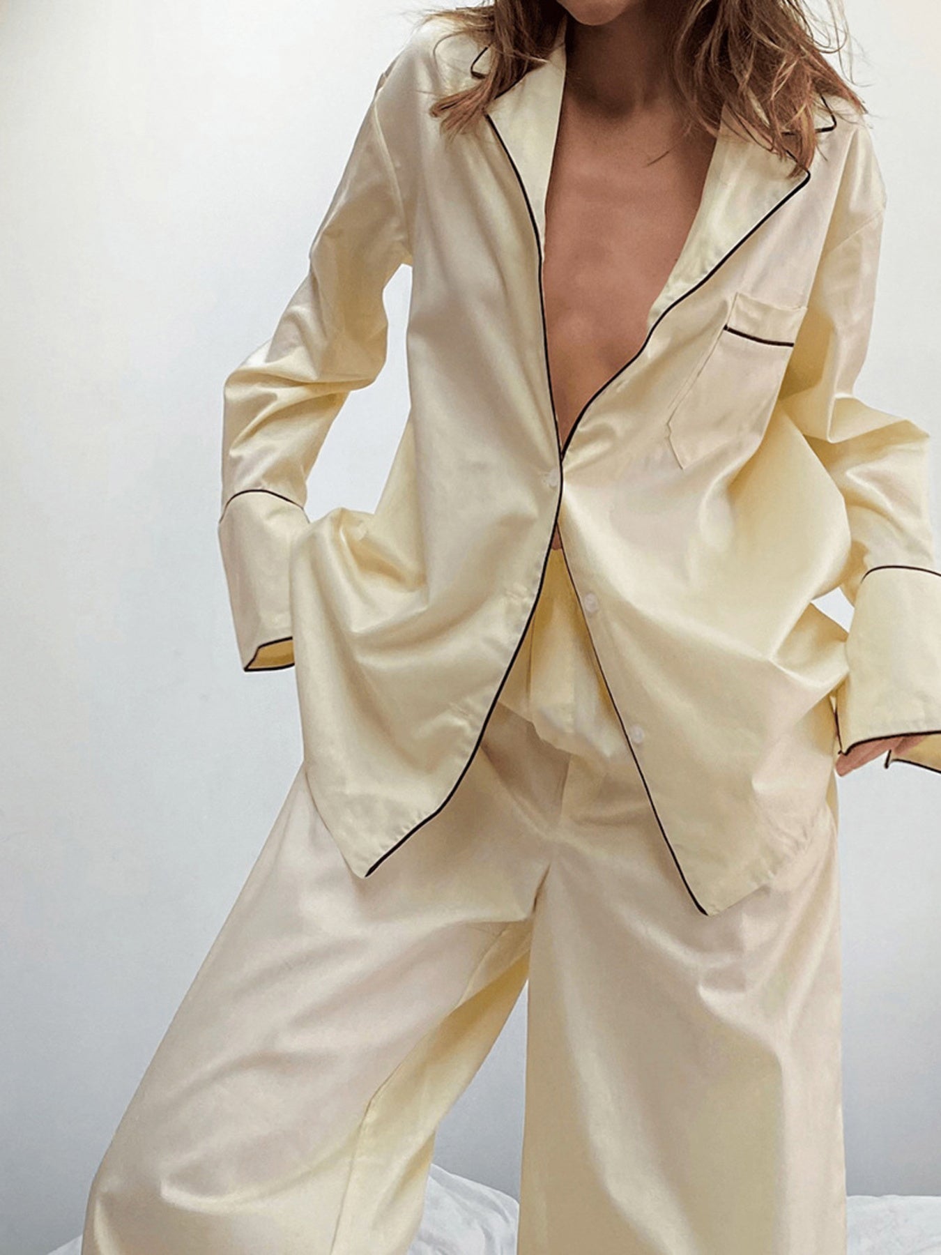 Brigitte | Contrast Trim Button Up Top and Pants Lounge Set - 100100597216607 - Bridal Party Robes - Ivory & White
