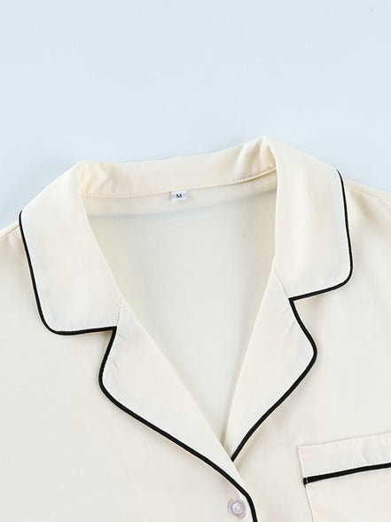 Brigitte | Contrast Trim Button Up Top and Pants Lounge Set - 100100597216607 - Bridal Party Robes - Ivory & White