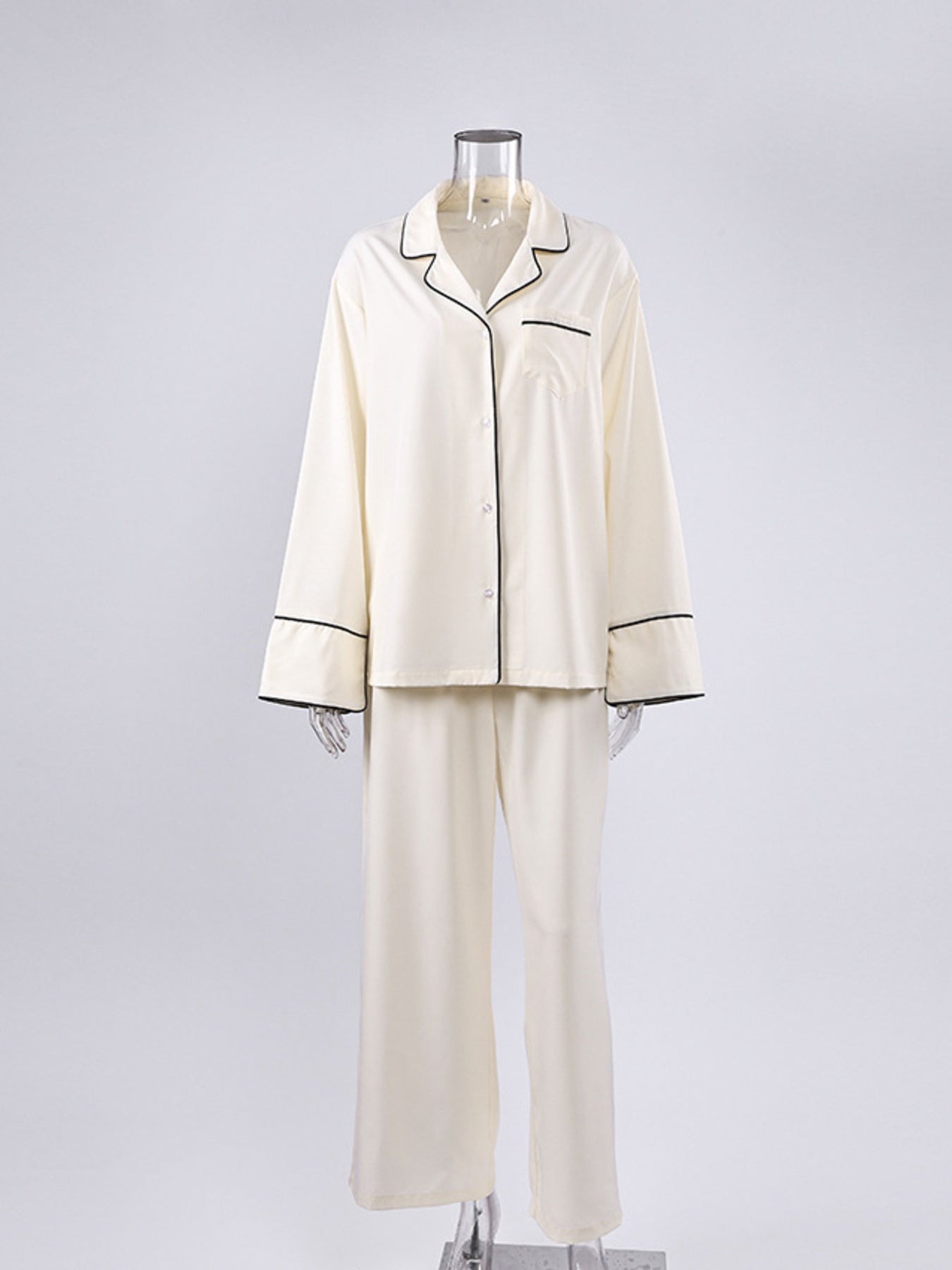 Brigitte | Contrast Trim Button Up Top and Pants Lounge Set - 100100597216607 - Bridal Party Robes - Ivory & White