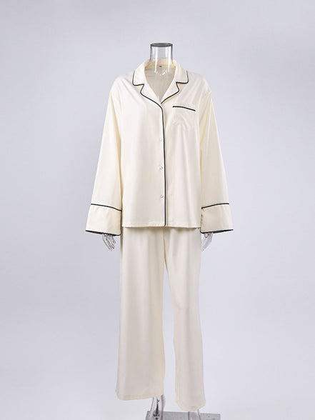 Brigitte | Contrast Trim Button Up Top and Pants Lounge Set - 100100597216607 - Bridal Party Robes - Ivory & White