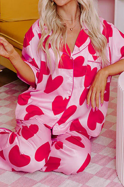 Sabine | Heart Collared Neck Short Sleeve Top and Pants Lounge Set