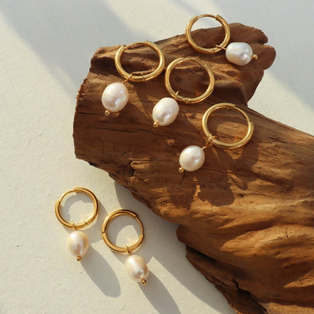 Clara | Pearl Drop Hoop Earrings - Gold - 100500102681494 - Jewellery - Ivory & White