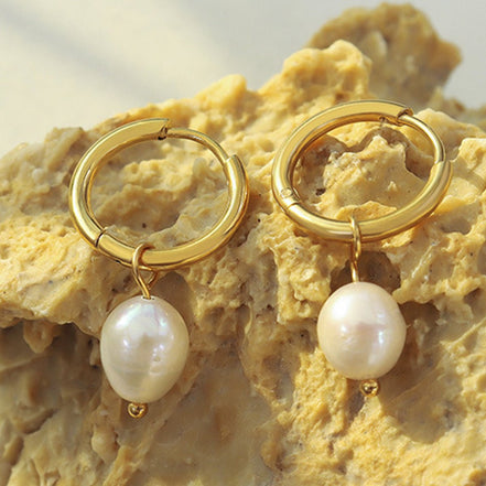 Clara | Pearl Drop Hoop Earrings - Gold - 100500102681494 - Jewellery - Ivory & White