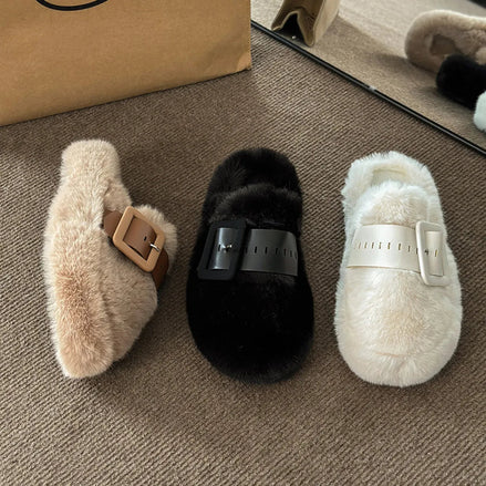 Colette | Faux Fur Buckle Slippers - 100600943160560 - Bridal Party Robes - Ivory & White