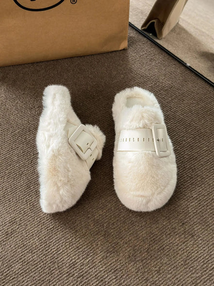 Colette | Faux Fur Buckle Slippers - 100600943160560 - Bridal Party Robes - Ivory & White