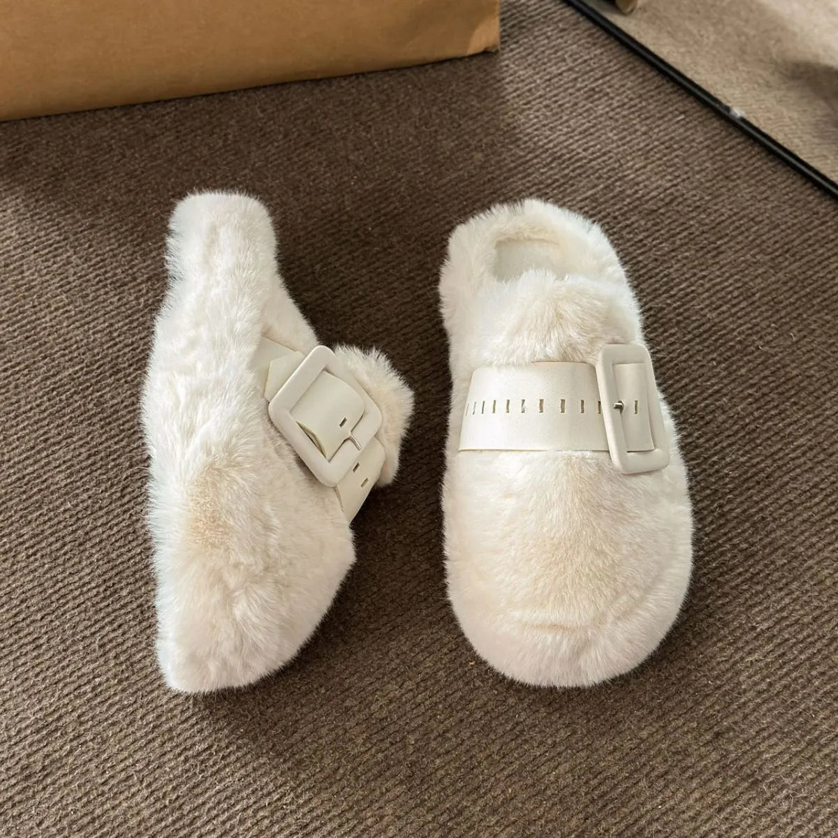 Colette | Faux Fur Buckle Slippers - 100600943160560 - Bridal Party Robes - Ivory & White