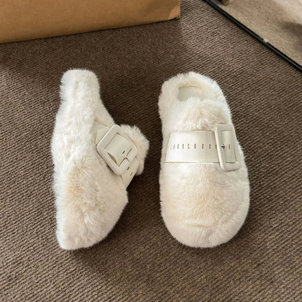 Colette | Faux Fur Buckle Slippers - 100600943160560 - Bridal Party Robes - Ivory & White