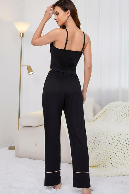 Cosette | Contrast Trim Cropped Cami and Pants Loungewear Set - 100100345140231 - Bridal Party Robes - Ivory & White