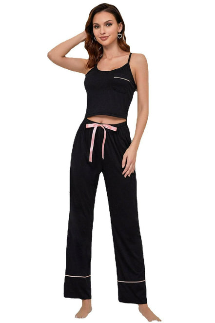 Cosette | Contrast Trim Cropped Cami and Pants Loungewear Set - 100100345140231 - Bridal Party Robes - Ivory & White