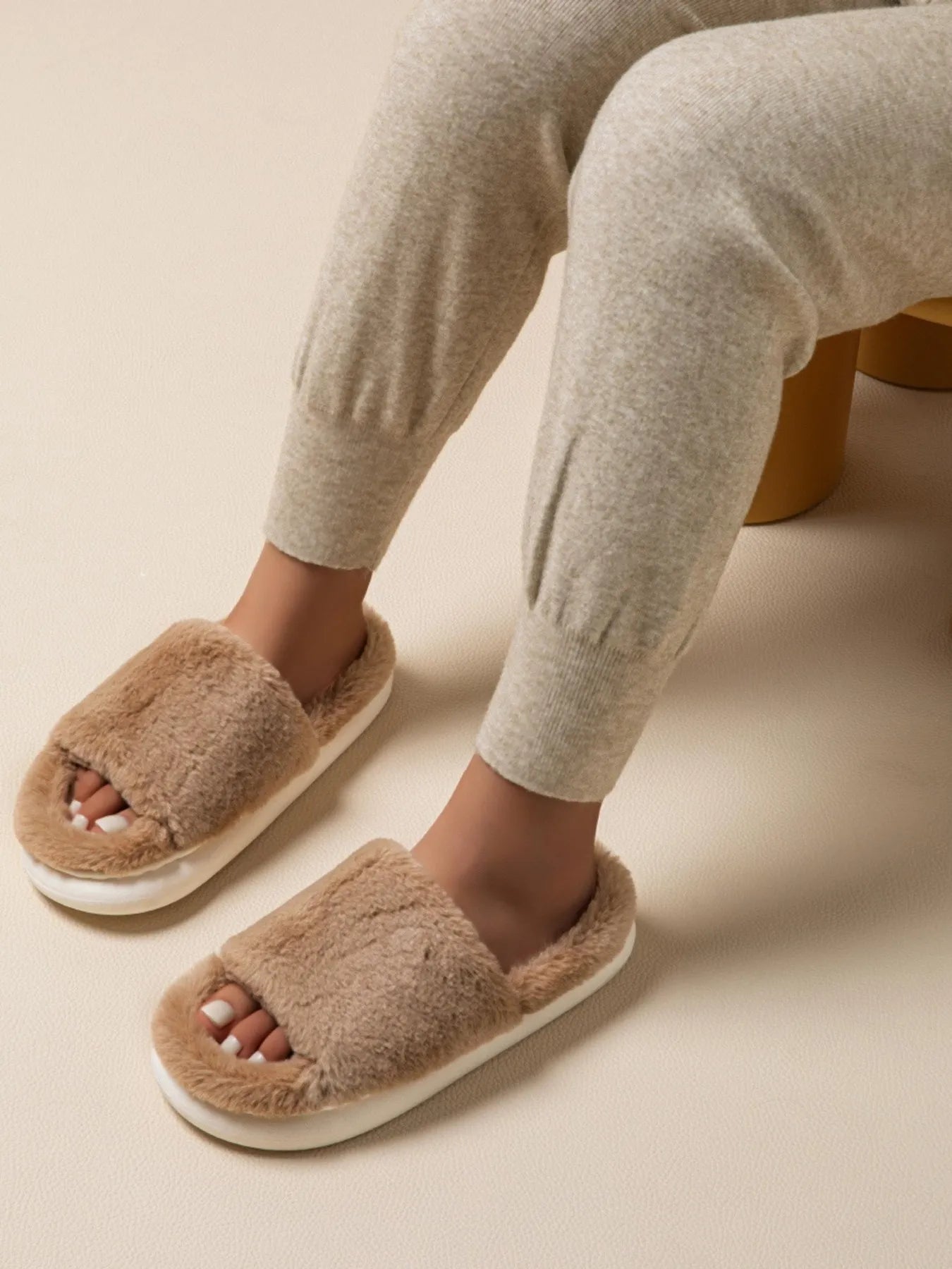 Delphine | Fluffy Open Toe Comfort Slippers - 100600528521422 - Bridal Party Robes - Ivory & White