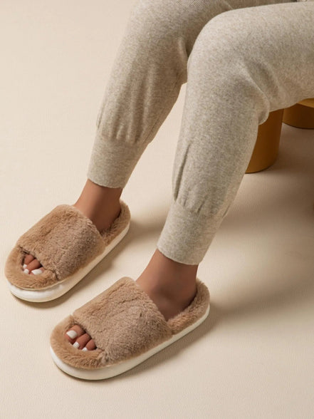 Delphine | Fluffy Open Toe Comfort Slippers - 100600528521422 - Bridal Party Robes - Ivory & White