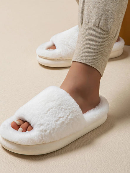 Delphine | Fluffy Open Toe Comfort Slippers - 100600528521422 - Bridal Party Robes - Ivory & White