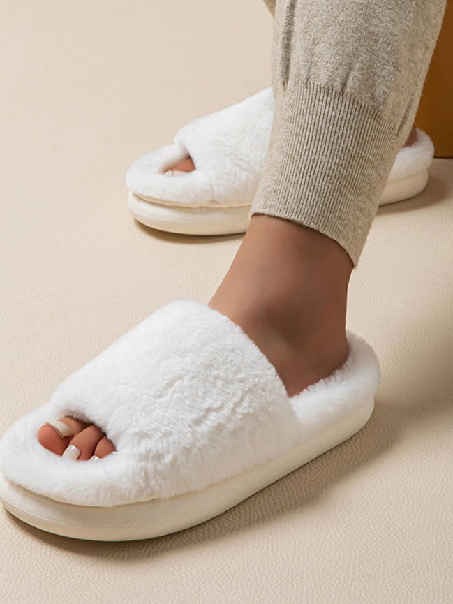 Delphine | Fluffy Open Toe Comfort Slippers - 100600528521422 - Bridal Party Robes - Ivory & White