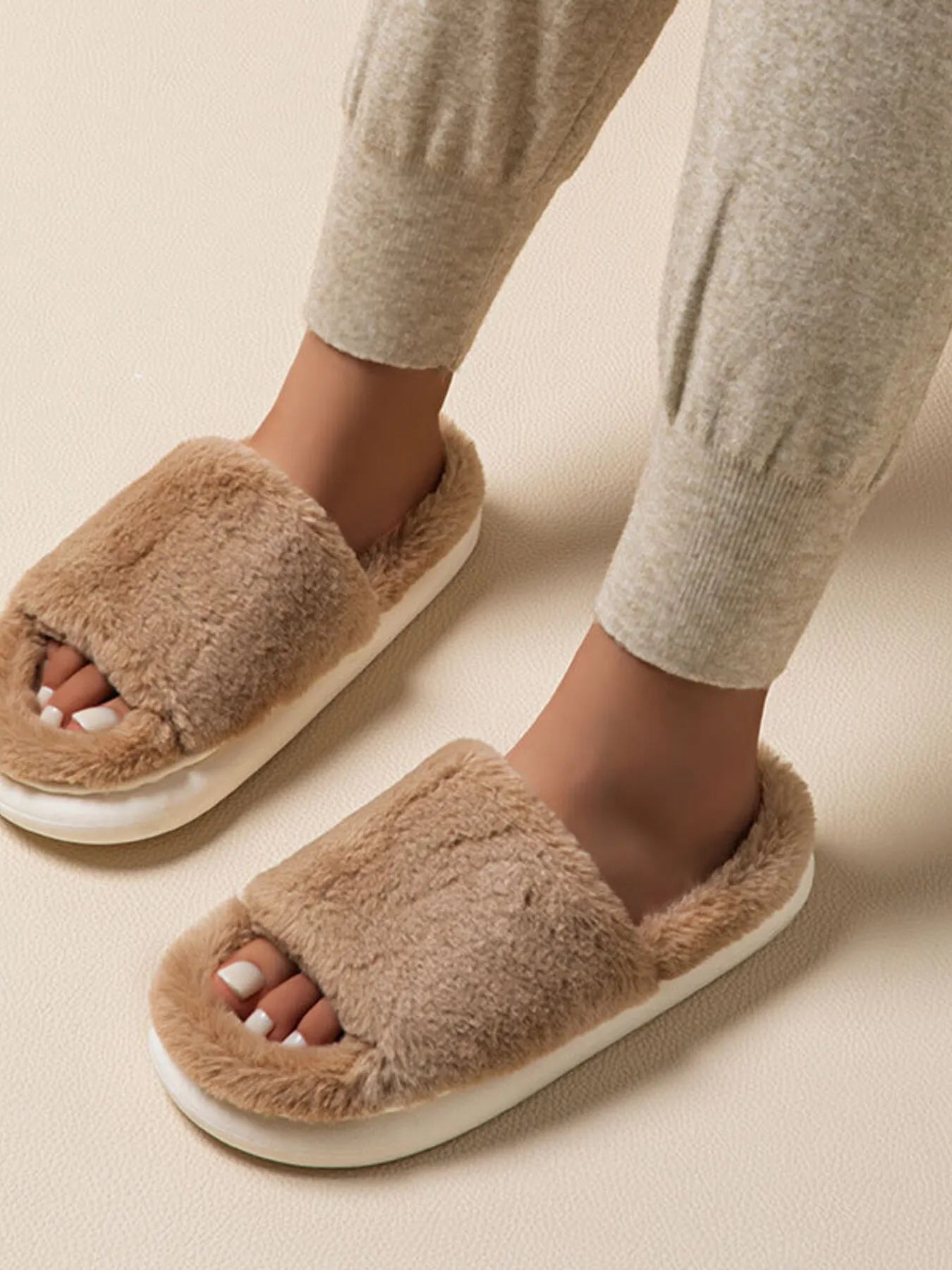 Delphine | Fluffy Open Toe Comfort Slippers - 100600528521131 - Bridal Party Robes - Ivory & White
