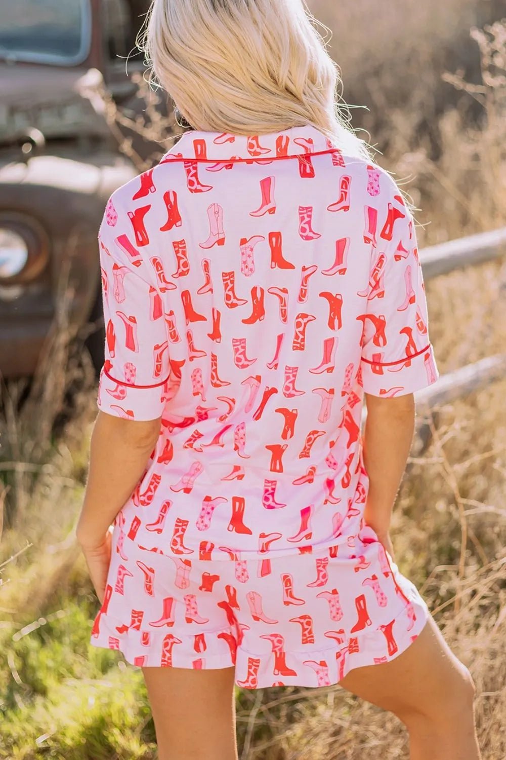 Dolly | Cowgirl Boots Printed Shirt and Shorts Set - 100100454272031 - Bridal Party Robes - Ivory & White
