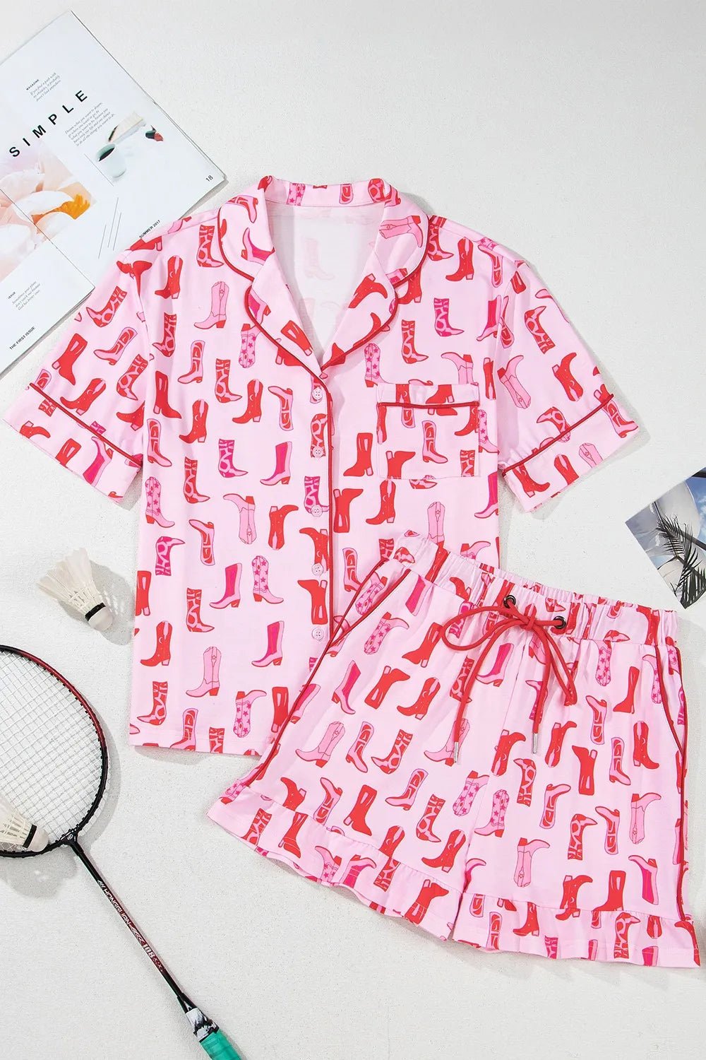 Dolly | Cowgirl Boots Printed Shirt and Shorts Set - 100100454272031 - Bridal Party Robes - Ivory & White