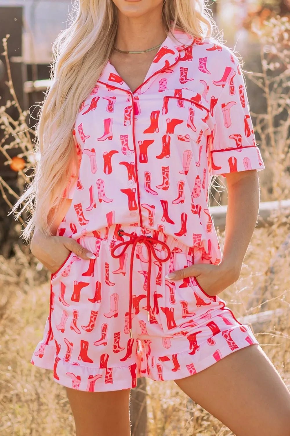 Dolly | Cowgirl Boots Printed Shirt and Shorts Set - 100100454272031 - Bridal Party Robes - Ivory & White