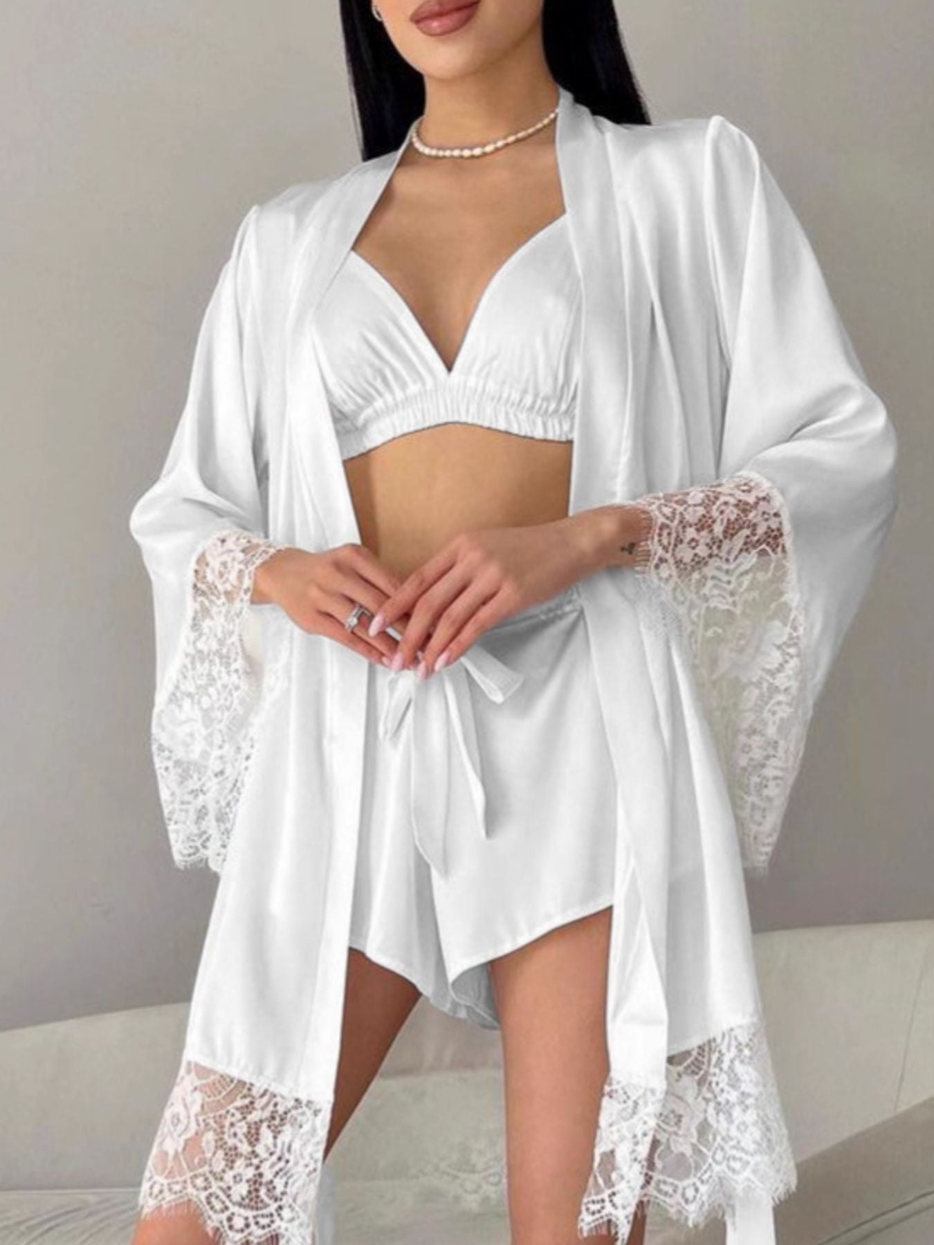 Eloise | Cami & Lace Trim Cardigan & Shorts Lounge Set - 100100092228883 - Bridal Party Robes - Ivory & White