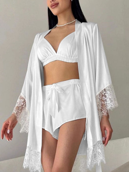 Eloise | Cami & Lace Trim Cardigan & Shorts Lounge Set - 100100092228883 - Bridal Party Robes - Ivory & White