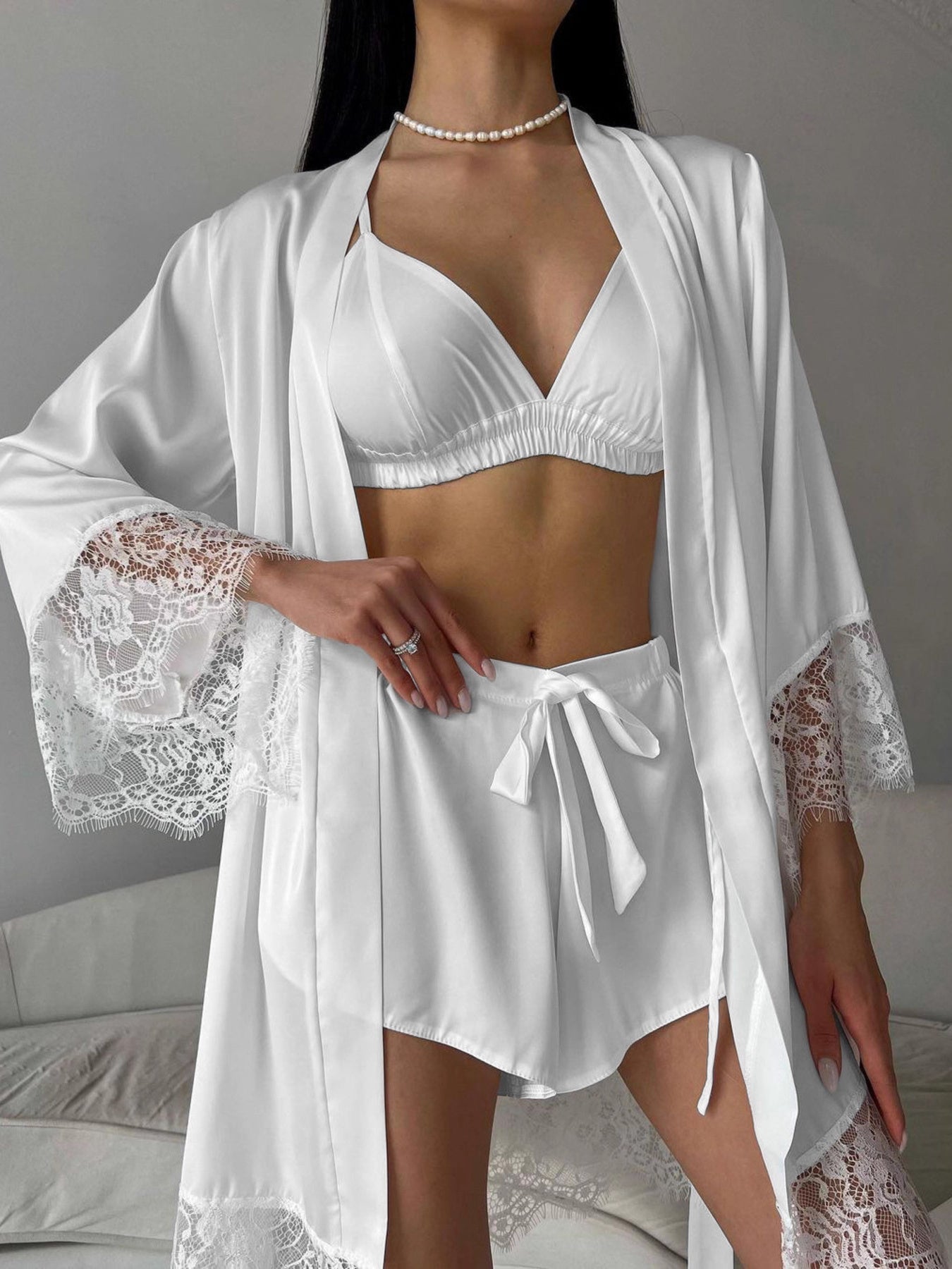 Eloise | Cami & Lace Trim Cardigan & Shorts Lounge Set - 100100092228883 - Bridal Party Robes - Ivory & White