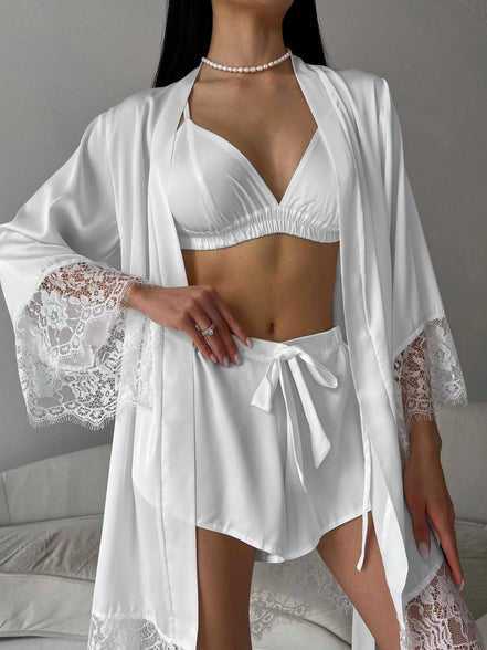 Eloise | Cami & Lace Trim Cardigan & Shorts Lounge Set - 100100092228883 - Bridal Party Robes - Ivory & White