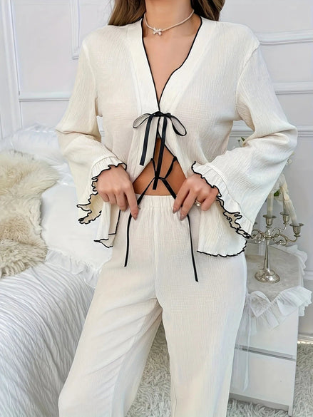 Elowen | Contrast Trim Bow Tie Shirt and Pants Lounge Set - 100100801880724 - Bridal Party Robes - Ivory & White