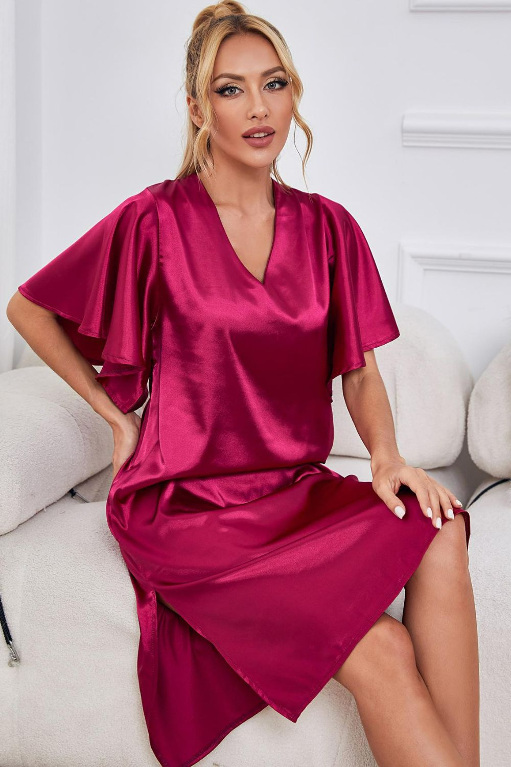 Florence | Satin Flutter Sleeve Side Slit V - Neck Night Dress - 101100785064615 - Bridal Party Robes - Ivory & White