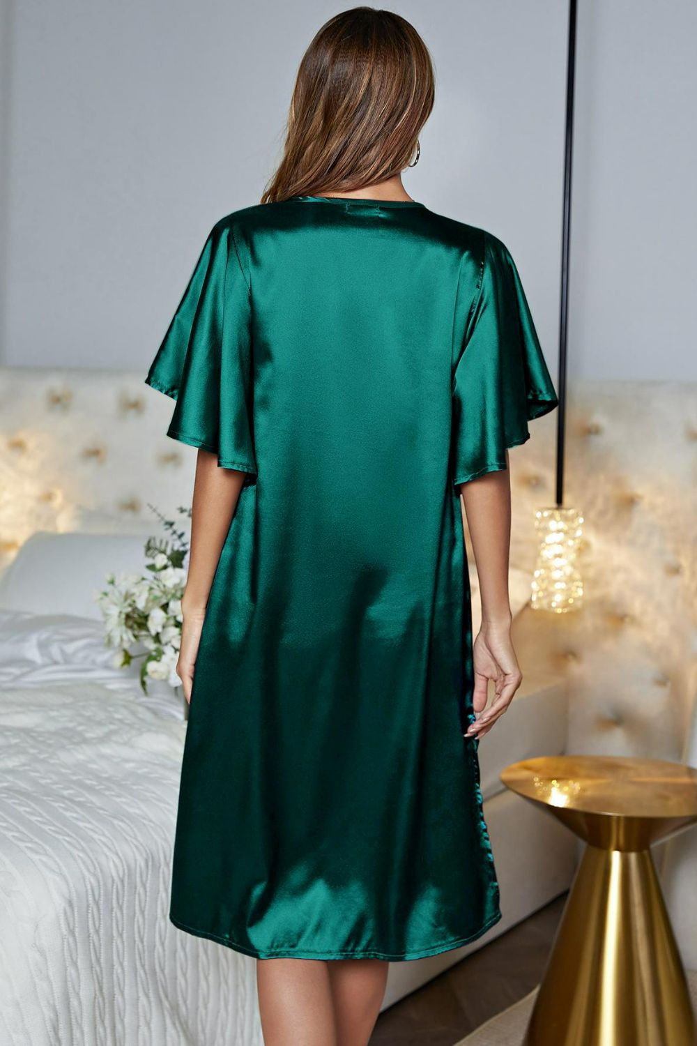 Florence | Satin Flutter Sleeve Side Slit V - Neck Night Dress - 101100785067850 - Bridal Party Robes - Ivory & White