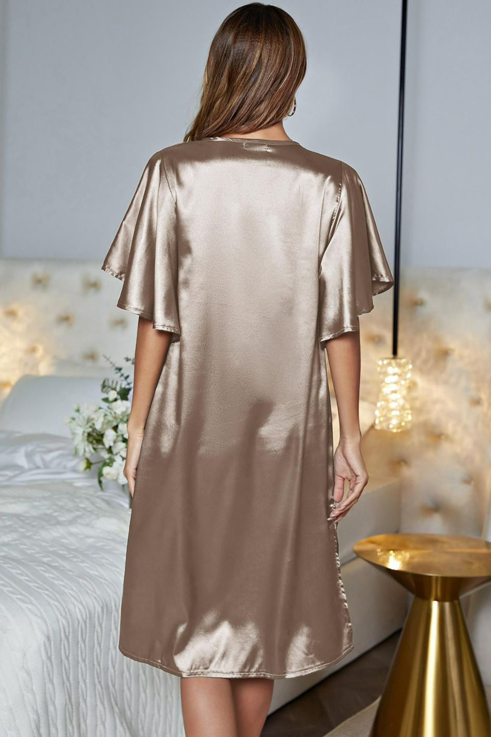 Florence | Satin Flutter Sleeve Side Slit V - Neck Night Dress - 101100785064563 - Bridal Party Robes - Ivory & White