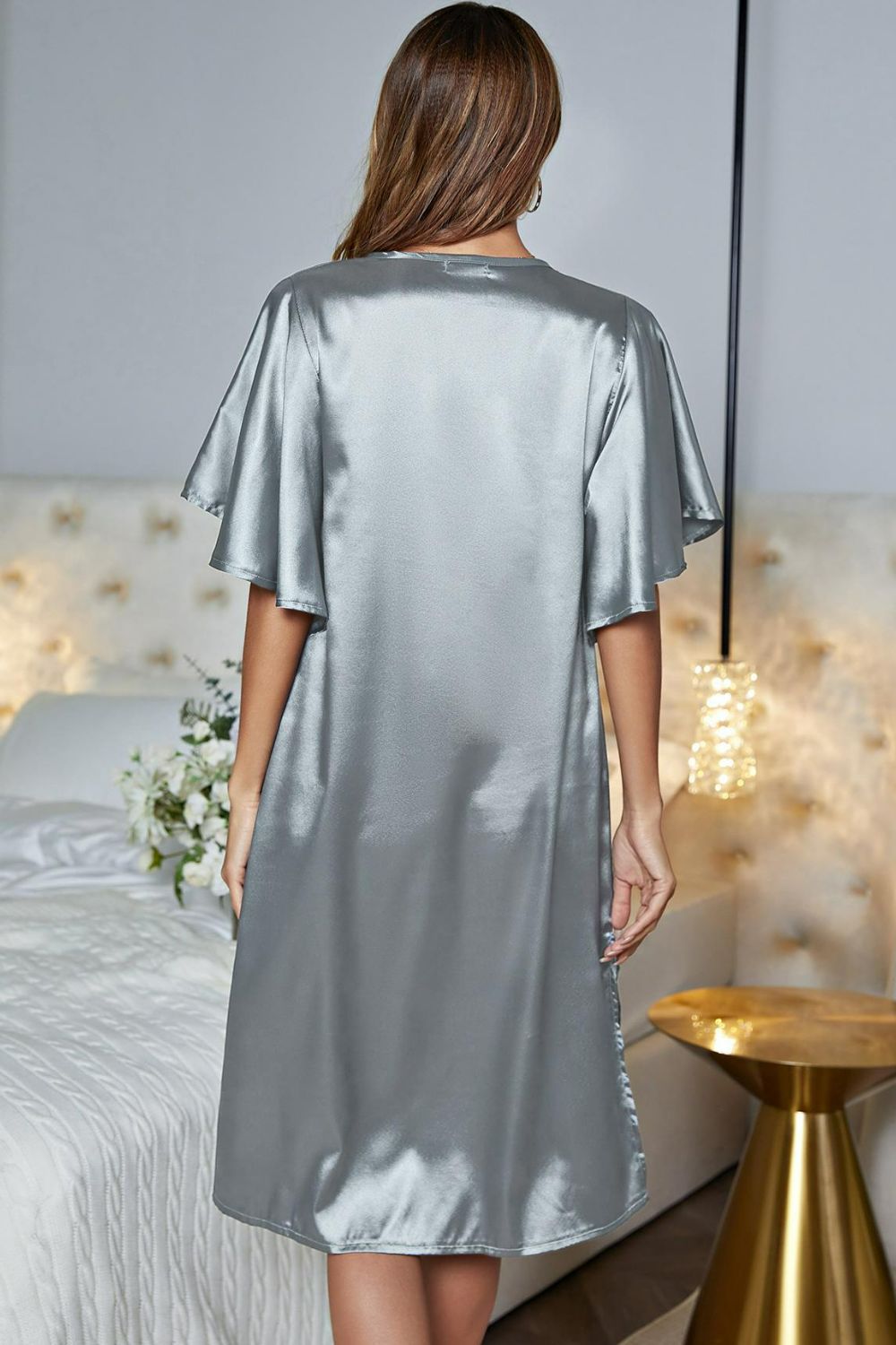 Florence | Satin Flutter Sleeve Side Slit V - Neck Night Dress - 101100785069473 - Bridal Party Robes - Ivory & White