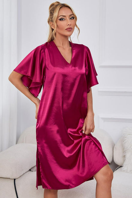 Florence | Satin Flutter Sleeve Side Slit V - Neck Night Dress - 101100785064615 - Bridal Party Robes - Ivory & White