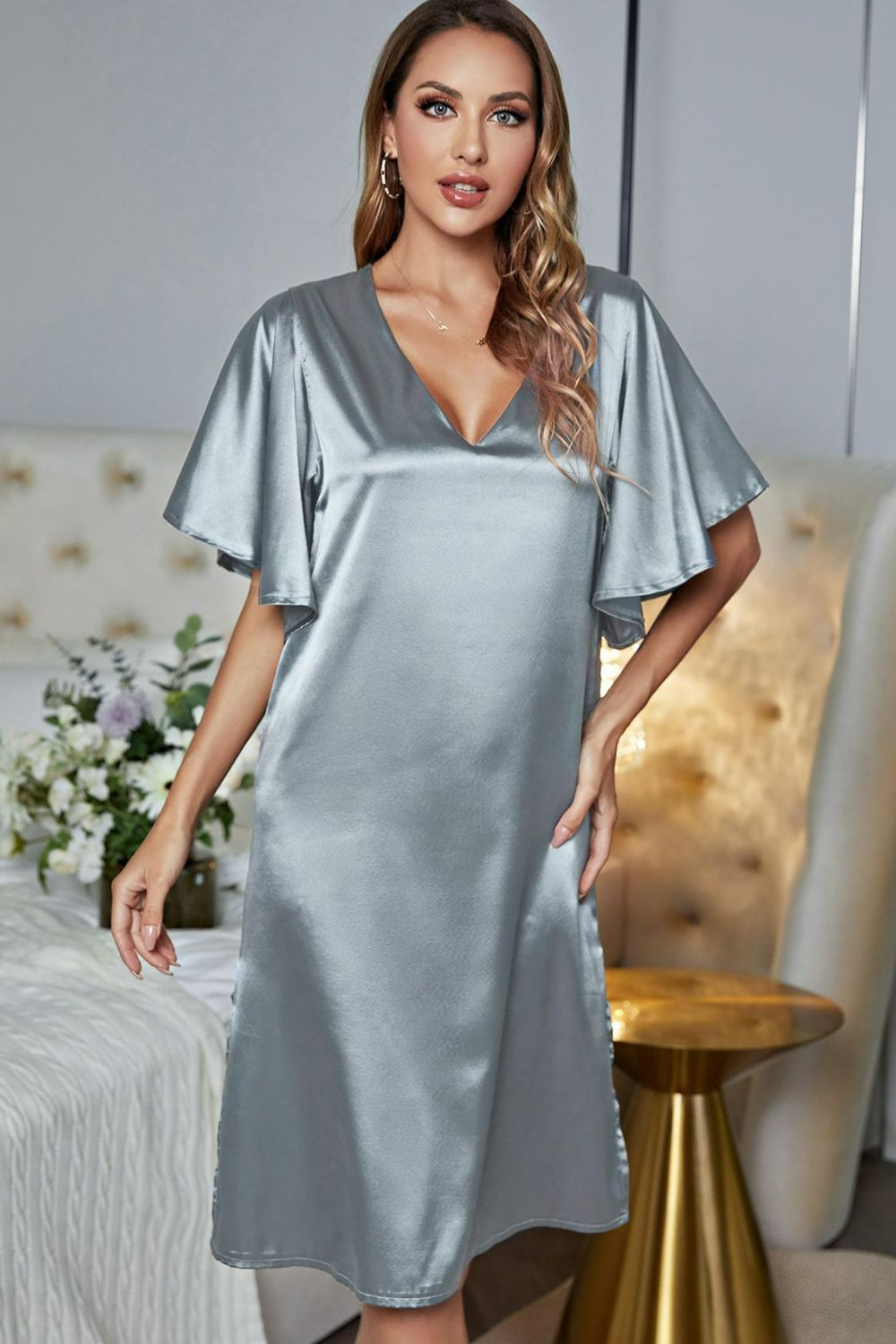 Florence | Satin Flutter Sleeve Side Slit V - Neck Night Dress - 101100785069473 - Bridal Party Robes - Ivory & White