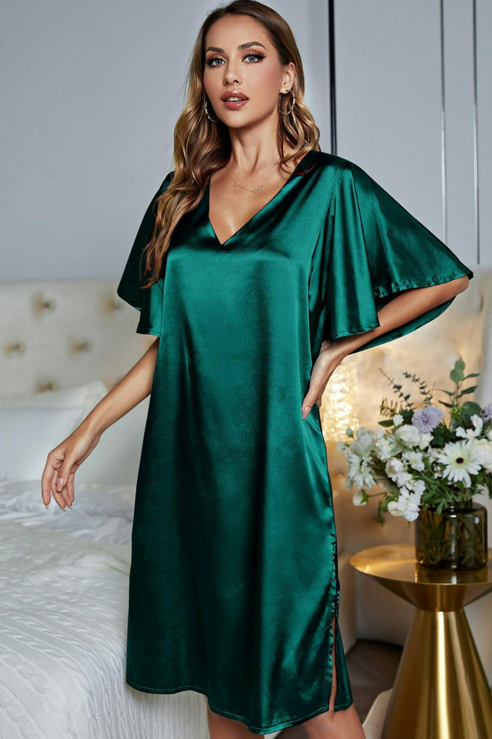 Florence | Satin Flutter Sleeve Side Slit V - Neck Night Dress - 101100785067850 - Bridal Party Robes - Ivory & White